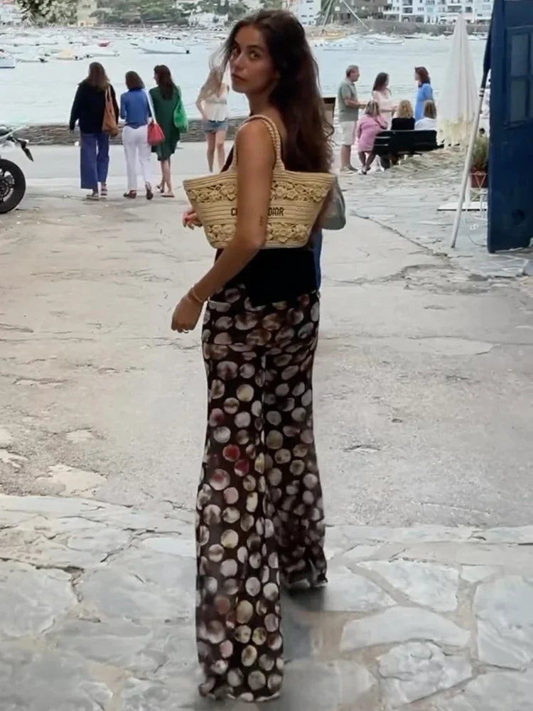 Mesh Leopard Print Trousers High Waist Print Wide Leg Pants Elegant Printed Long Pants Bottoms