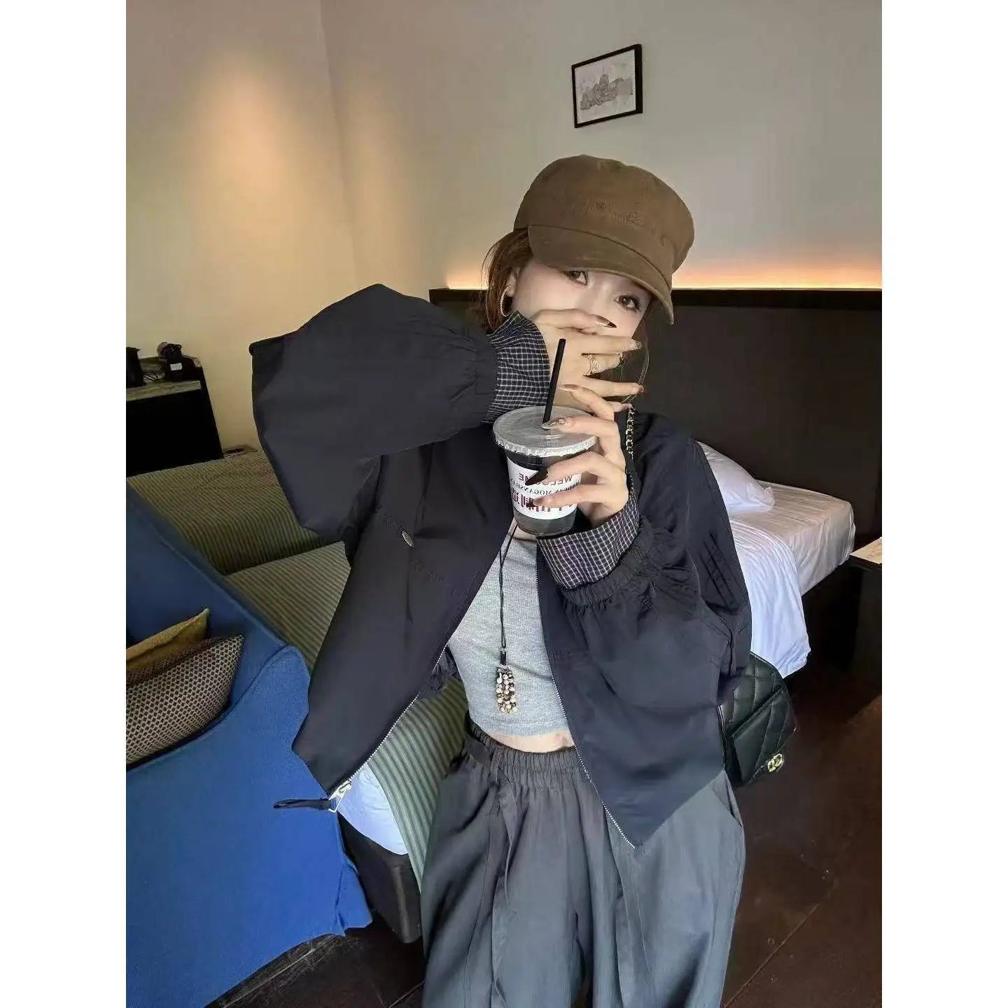 Plaid Bomber Jacket European Style Stand Collar Oversized Coat Y2K Casual Loose Fit Splicing Jacket Streetwear Outerwear
