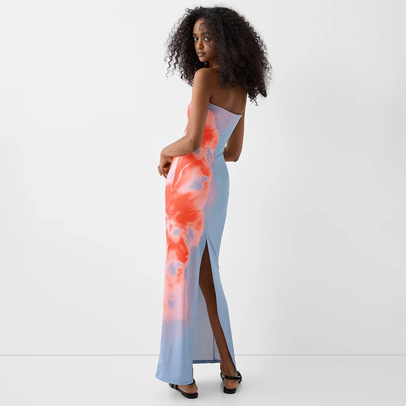 Strapless Print Tube Maxi Dress Off Shoulder Backless Stretch Long Sundress Beach Y2K Clothes