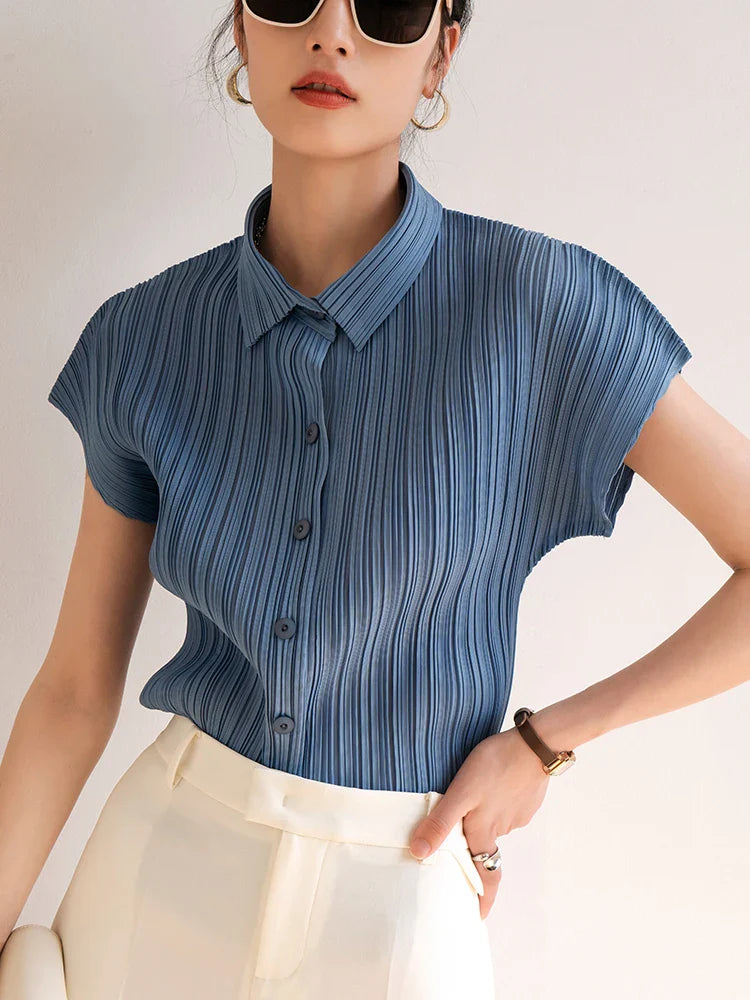 Miyake Pleated Cardigan Single Breasted Short Sleeve Polo Shirt Korean Causal Comfortable Clothing