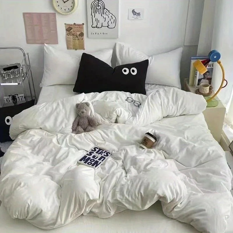Cute Duvet Cover Set with Sheet Pillowcase No Filler Warm Solid Color Bed Linen Full Queen Size Korean Big Eyes Home Bedding Set