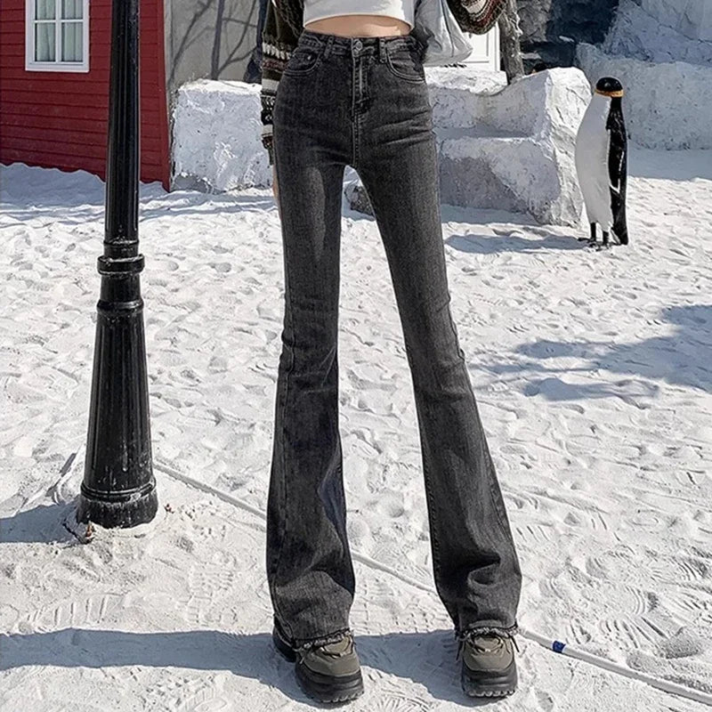 High Waist Vintage Flare Jeans Gothic Elastic Bell Bottom Pants Lady Streetwear Blue Black Grey Denim Trousers