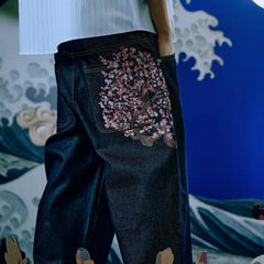 Harajuku Hip Hop baggy jeans Y2K goth plum blossom Embroidered jeans man American style street wear