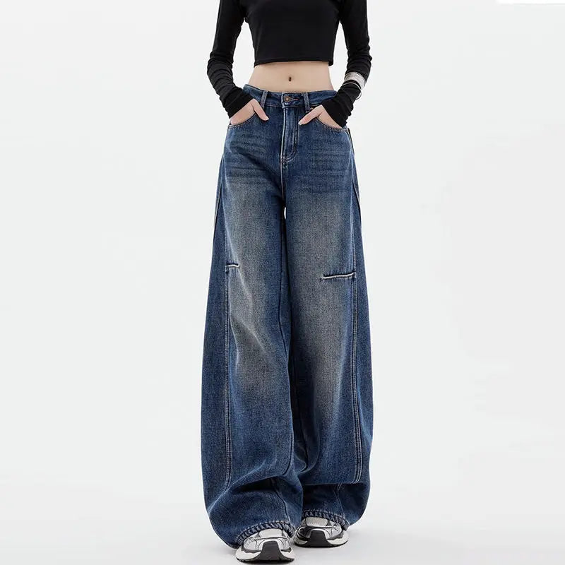 Student Casual Blue Jeans Wide-Leg Pants Loose Drape Straight-Leg Trousers Floor Pants Streetwear