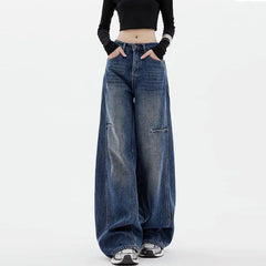 Student Casual Blue Jeans Wide-Leg Pants Loose Drape Straight-Leg Trousers Floor Pants Streetwear