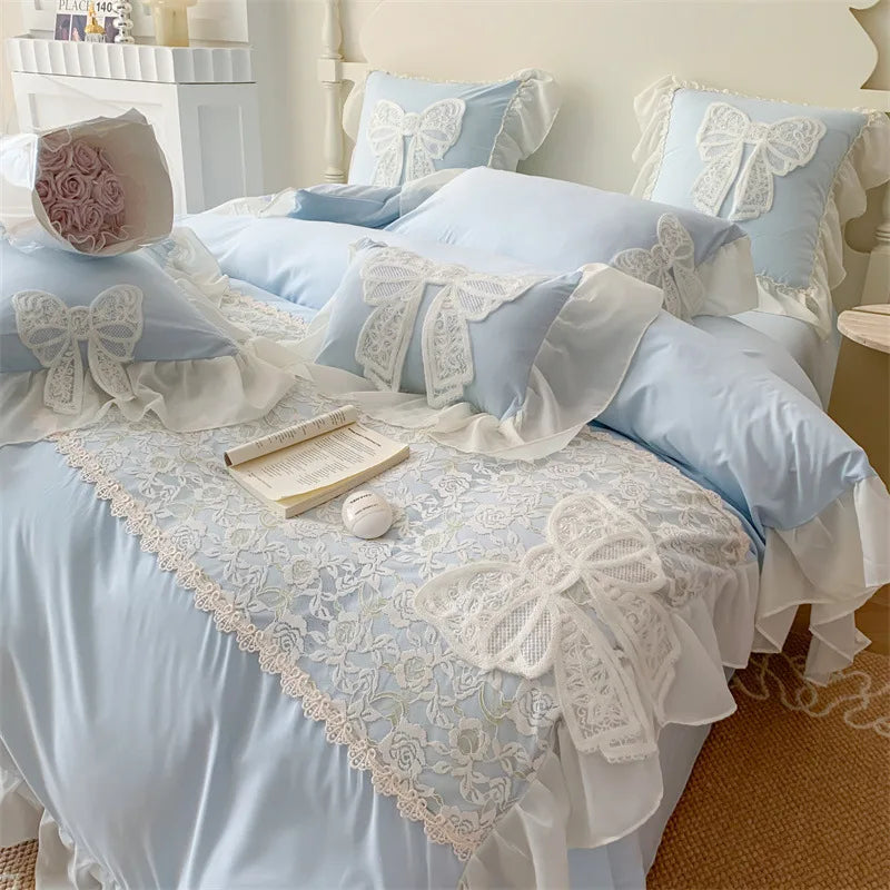 Three-dimensional Embroidery Lace Washed Cotton Quilt Cover Chiffon Soft /Breathable Bed Sheet Bedding Four Piece Set