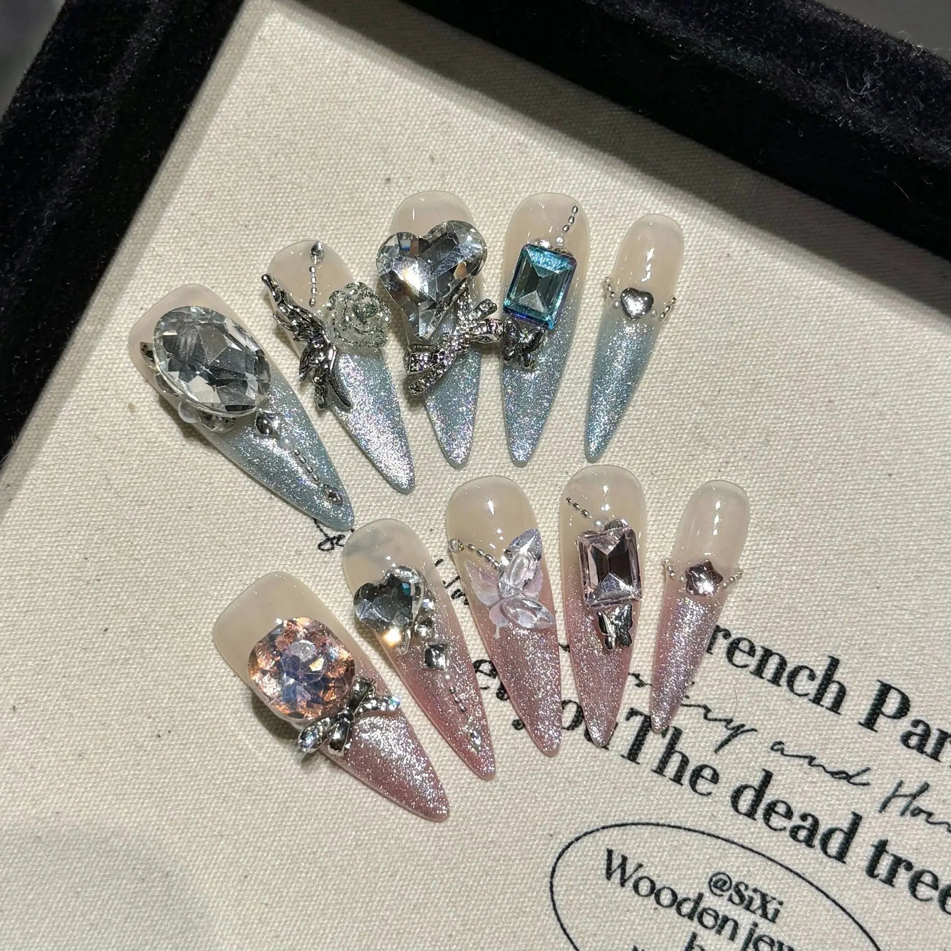 Handmade Press on Nails Shiny Pink Cat Eye Fake Nails