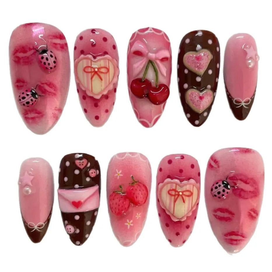 24pcs Sweet Letter Press On Nails Cute Cherry Bowknots Ladybug Strawberry Decor False Nails Blush Pink Almond Fake Nail