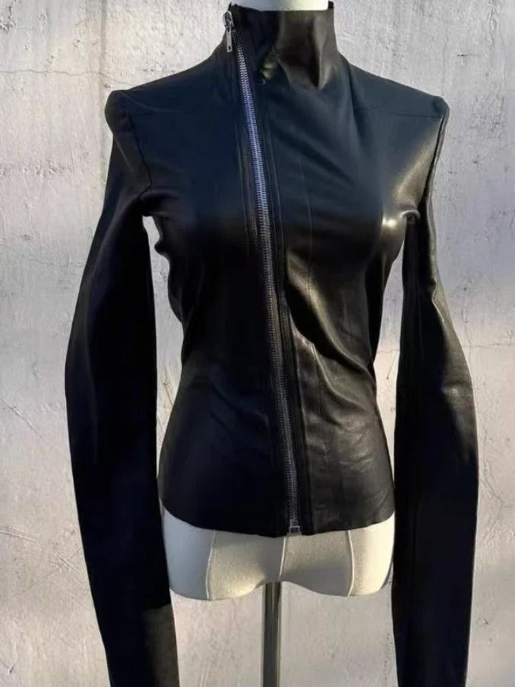 Black Slim Long Sleeve Girl Leather Jacket Darkly Gothic Zipper Thin Skinny Coat Hepburn Y2k Vintage Clothes