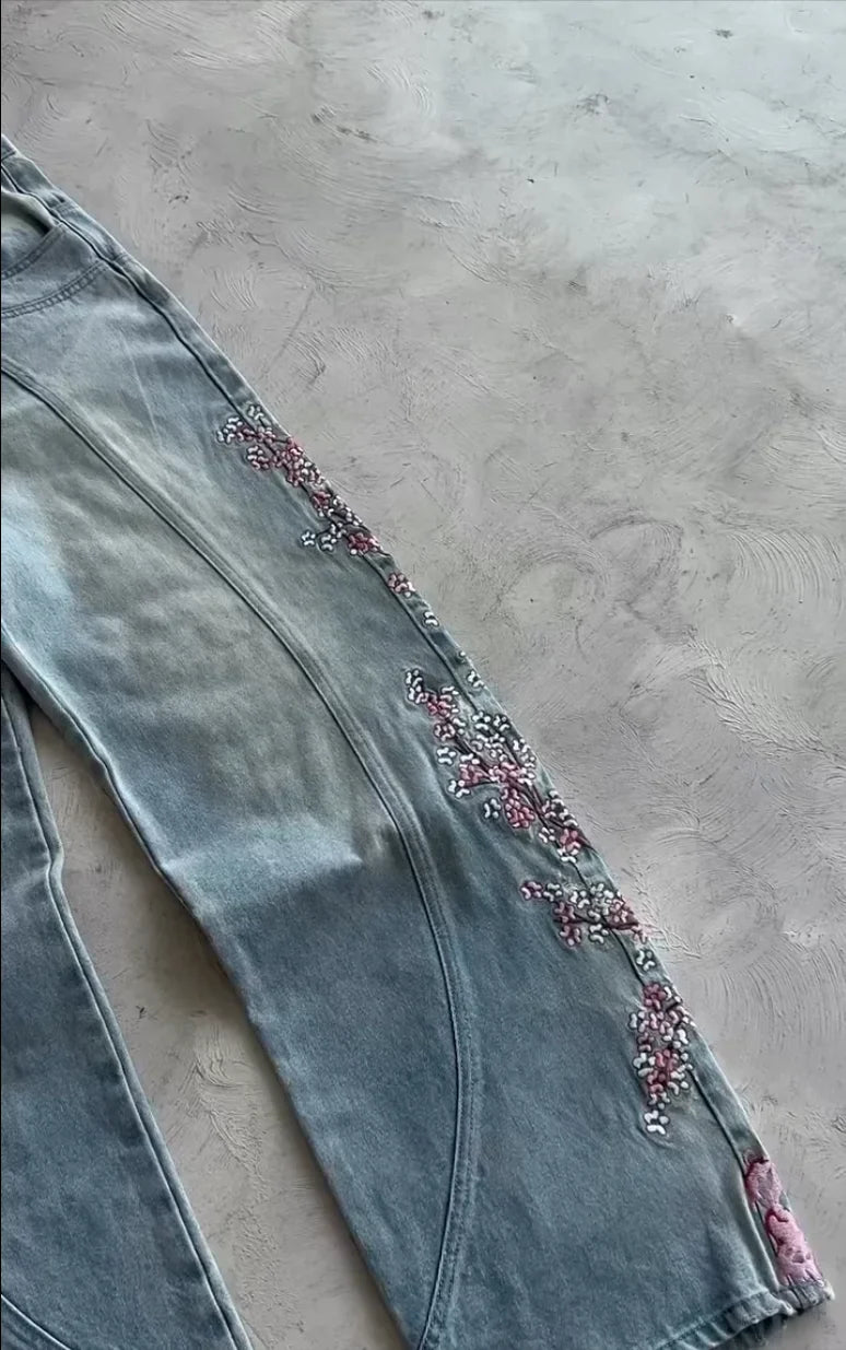 Cherry Blossom Knight All Embroidery Denim Pants Y2k Vintage Baggy Street Straight Jeans High Waisted Washed Blue Jean