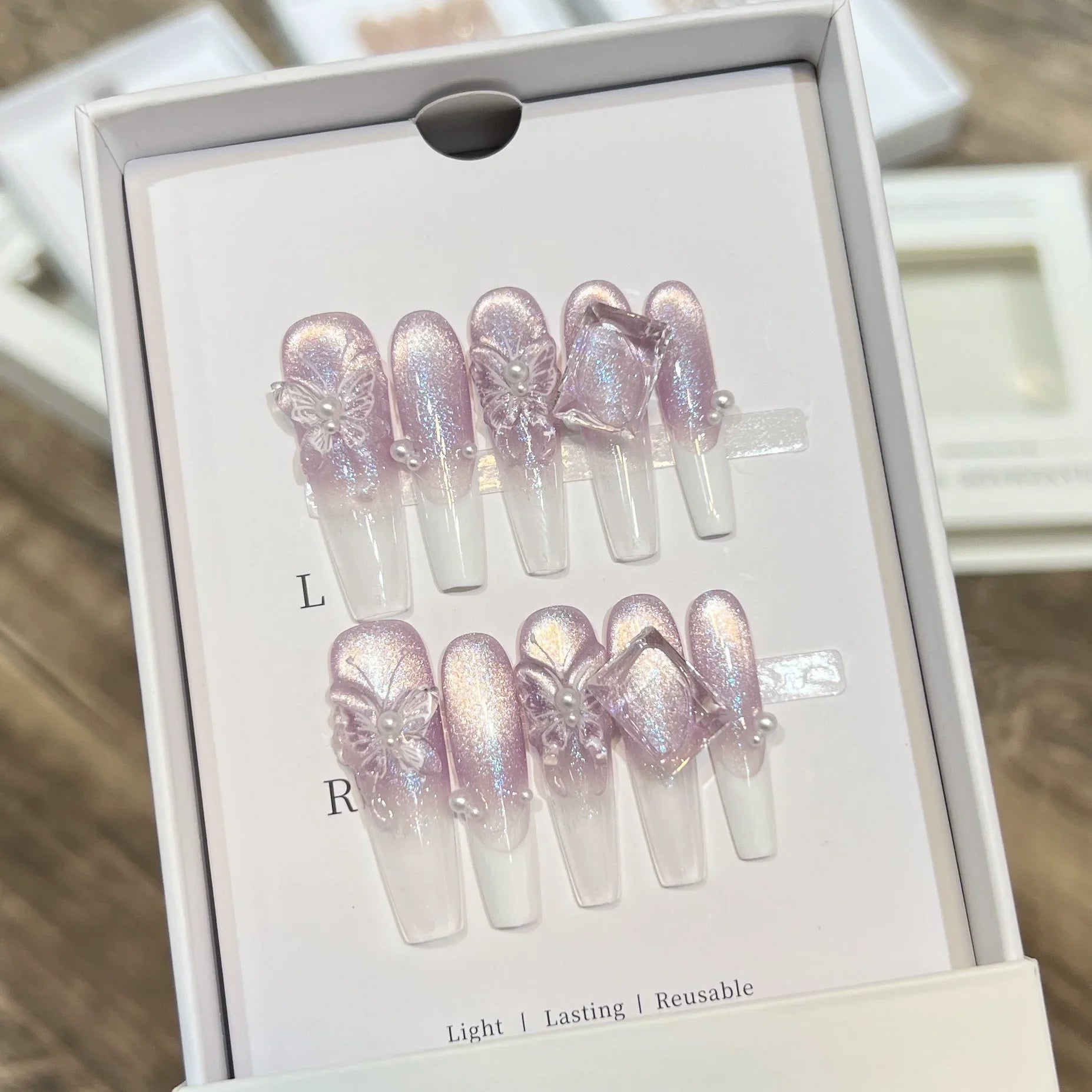 10pcs Aurora Cat Eye Handmade Press on Nails Pink Cherry Blossom False Nails Crystal Flower Pearl Fake Nails French Coffin Nail