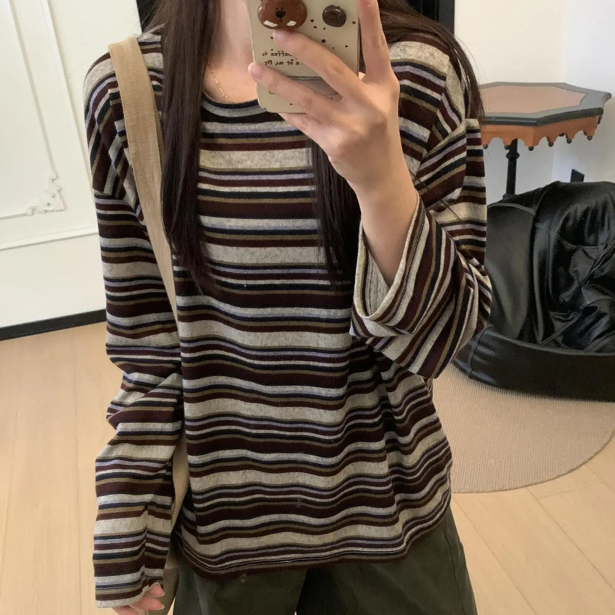 Long Sleeve Striped Korean Style Loose T-shirt Polyester Fiber round Neck Casual Slimming Top