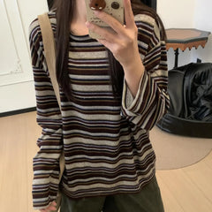 Long Sleeve Striped Korean Style Loose T-shirt Polyester Fiber round Neck Casual Slimming Top