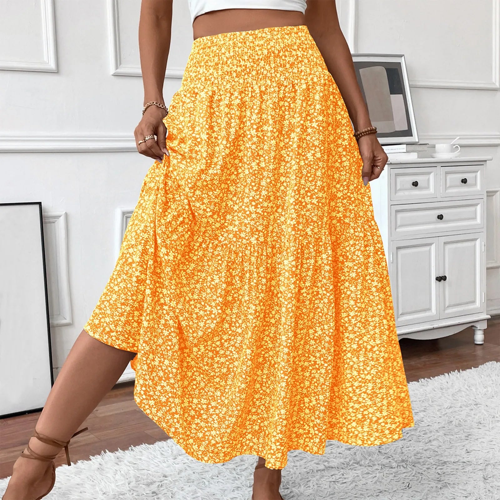 Pleated Floral Print Elastic Waist Loose Splicing A Line Skirt Skirts