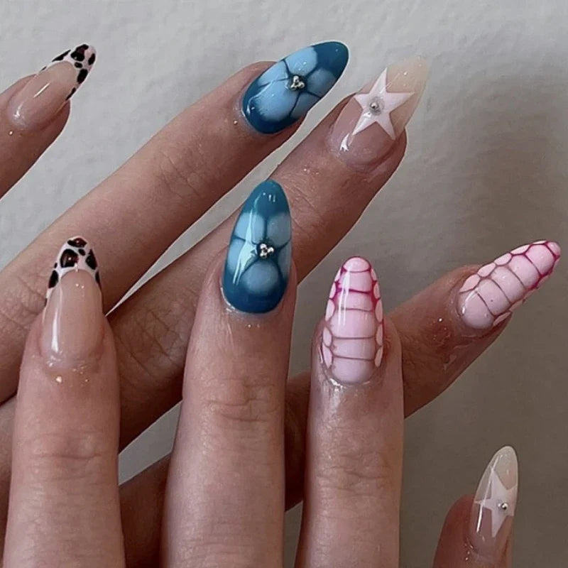 Pink Yellow Halo Dyeing Flower Water Ripple False Nails Leopard Long Pointed Fake Nails Art Press on Nails Charm Manicure