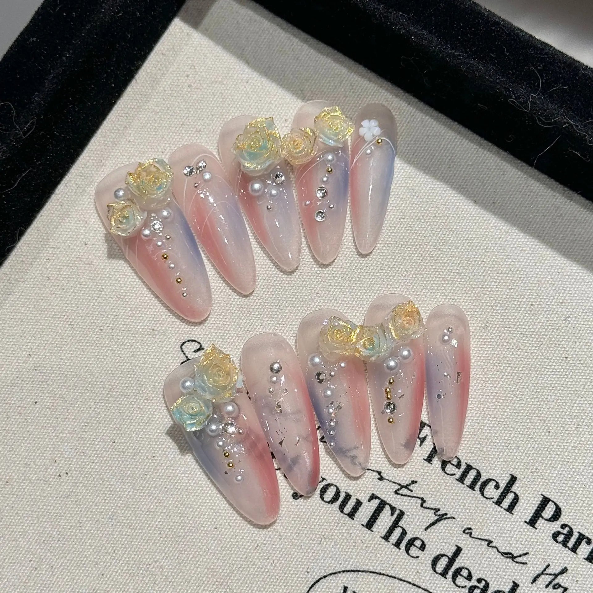 Handmade Press on Nails Ins Sweet Pink Blue Color Fake Nails