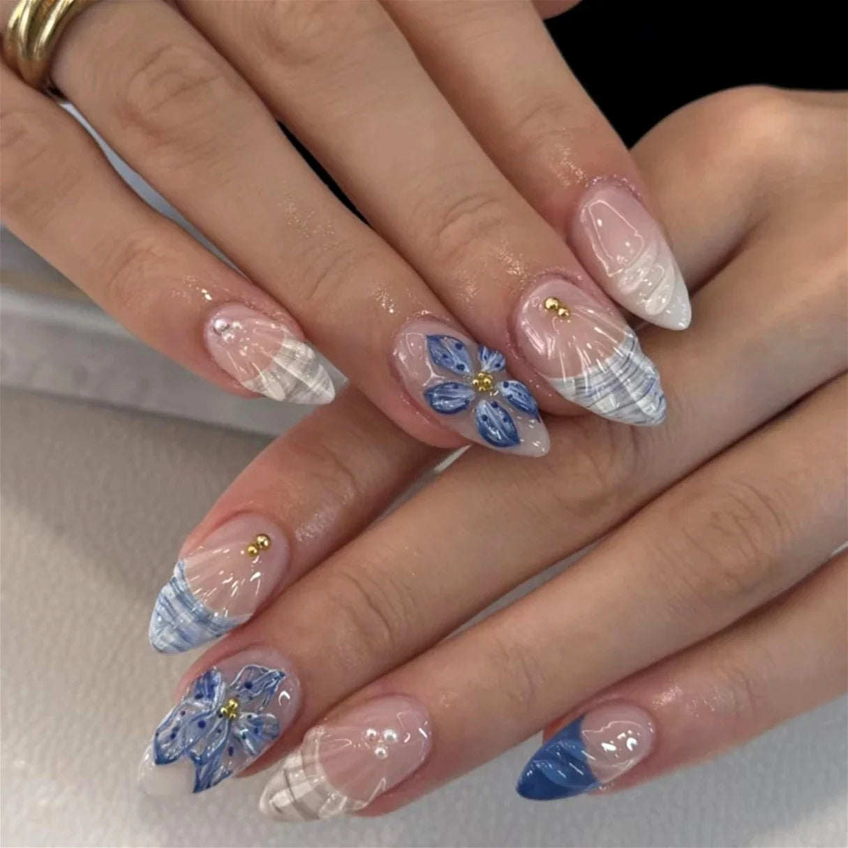 Pink Yellow Halo Dyeing Flower Water Ripple False Nails Leopard Long Pointed Fake Nails Art Press on Nails Charm Manicure