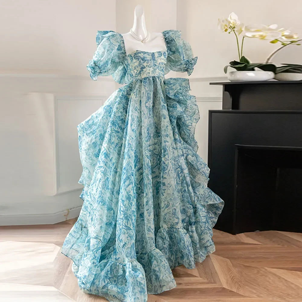 Floral Print Evening Party Dress Puff Sleeve Elegant Princess Long Dres Ladies France Vintage Open