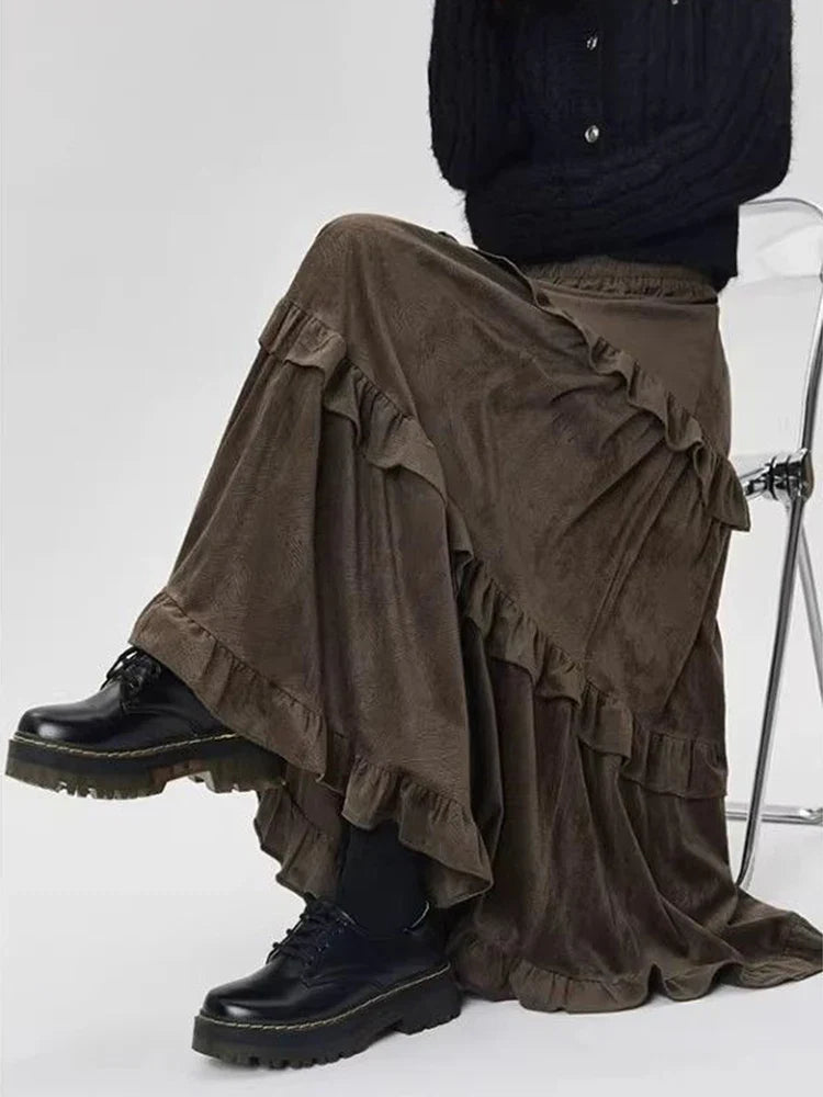 Fleece Midi Skirt Y2K Thick Ruffled Patchwork Casual Skirt Ladies High Waist Preppy A Line Skirt New