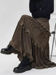 Fleece Midi Skirt Y2K Thick Ruffled Patchwork Casual Skirt Ladies High Waist Preppy A Line Skirt New