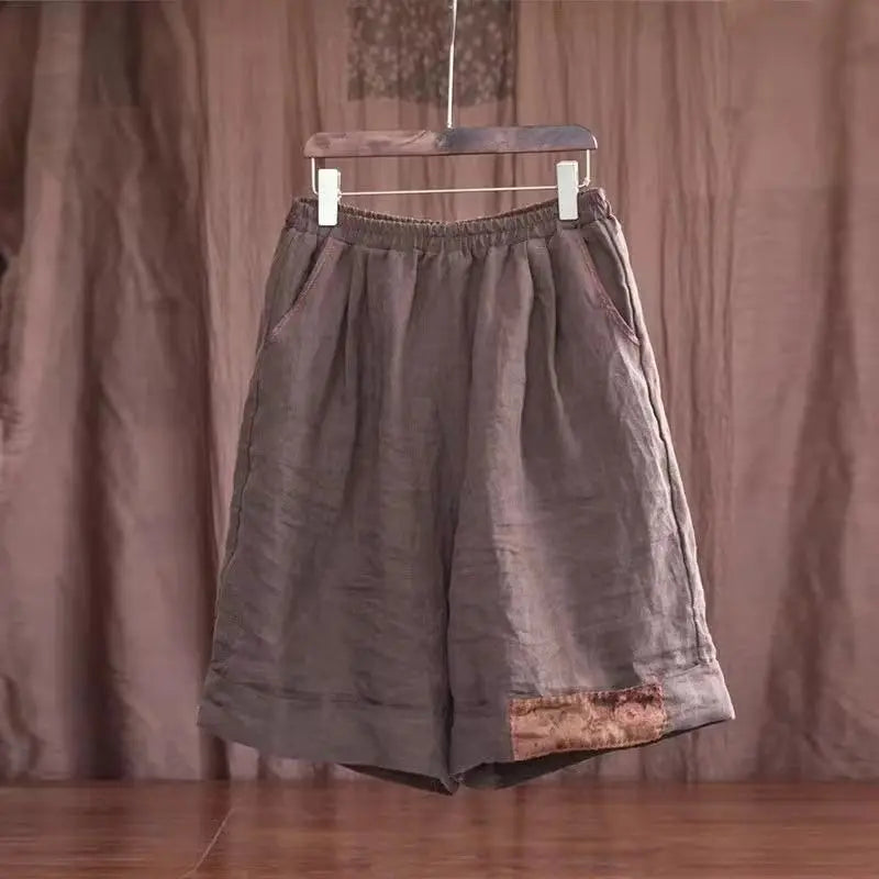 Retro Ethnic Style Patch Oversize Cotton Linen Short Pants Casual High Waist Beach Shorts Pantalones Cortos