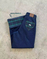 Korean Style Harajuku Styleable Heart-shaped Checkered Patch Jeans High Street Couple Checkered Flared Wide Leg Jeans