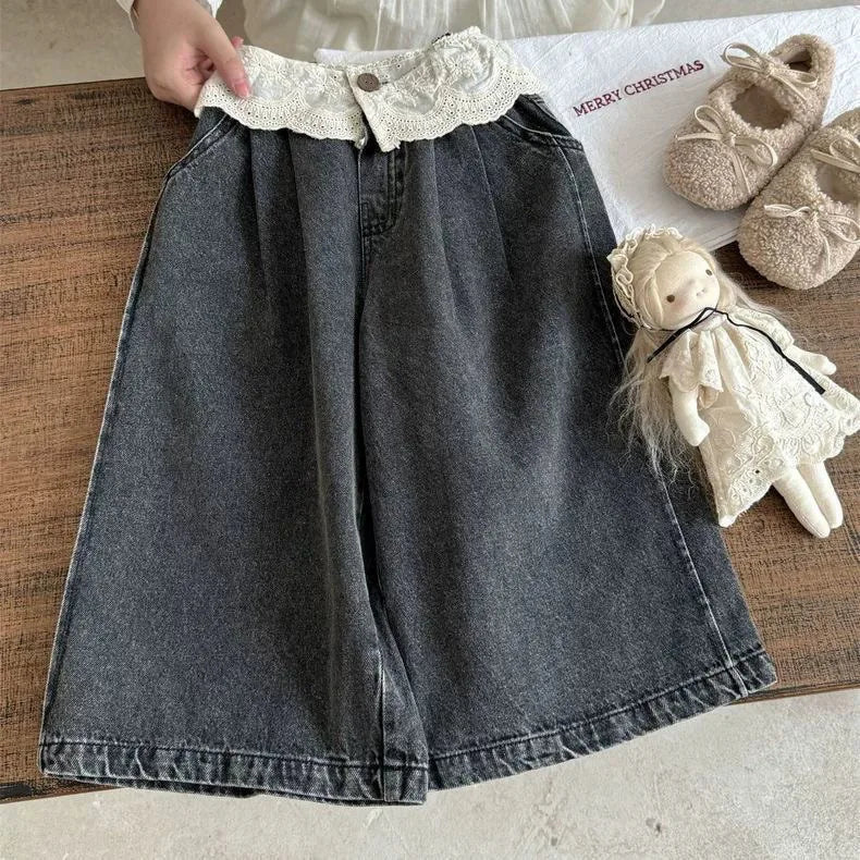 UNITIM 2-8Yrs Kids Girls Jeans Loose Lace Patchwork Children Girls Straight Pants Casual Trendy Infant Babys Girls Denim Pants