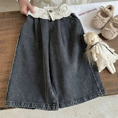 UNITIM 2-8Yrs Kids Girls Jeans Loose Lace Patchwork Children Girls Straight Pants Casual Trendy Infant Babys Girls Denim Pants