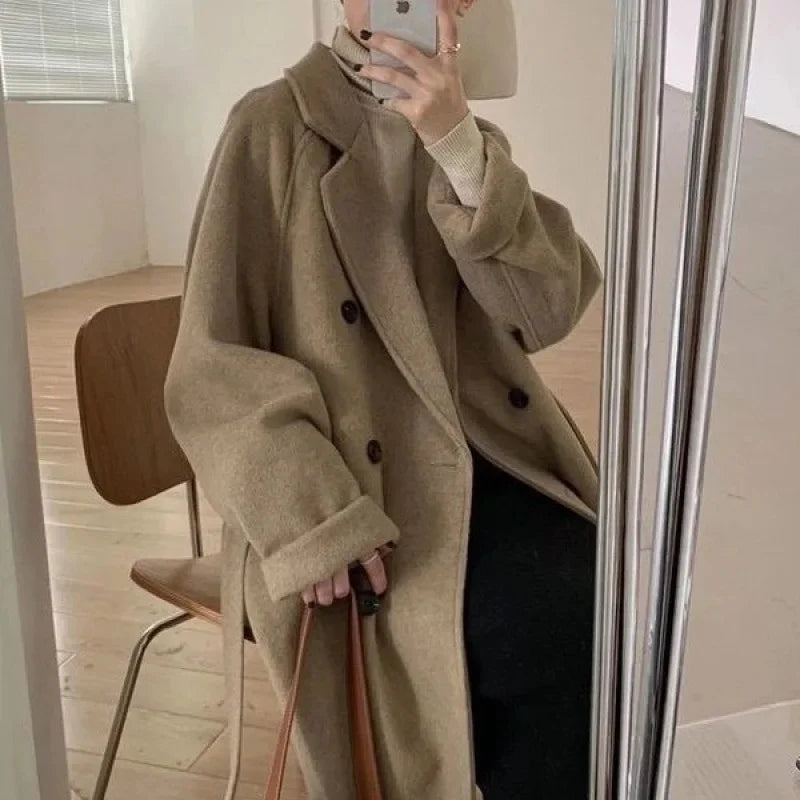 Woolen Coat Sale Of The Season Mid-Length Thickened Loose Fit Hepburn Style Small Size Elegant Outerwe
