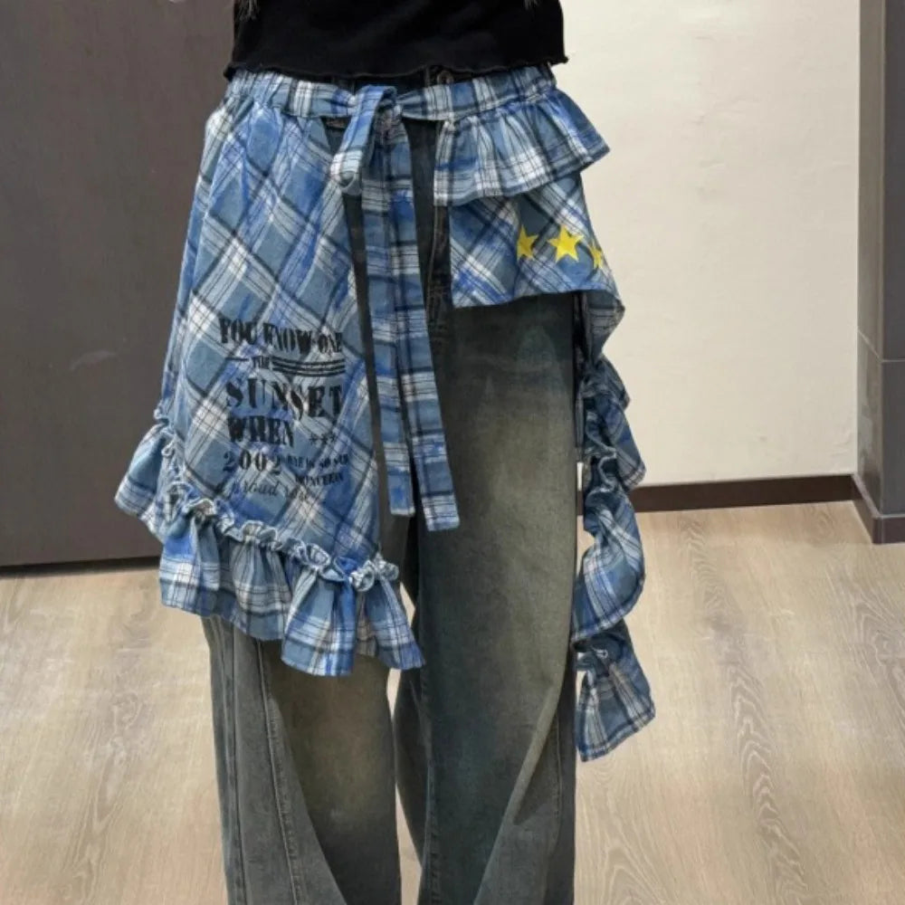 Adjustable Star Layer Outfits Plaid Skirt Hip-hop Sweet Lace Up Hip Scarf Korean Style Y2K Ruffled Edge Waistband Jeans Decor