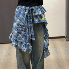 Adjustable Star Layer Outfits Plaid Skirt Hip-hop Sweet Lace Up Hip Scarf Korean Style Y2K Ruffled Edge Waistband Jeans Decor