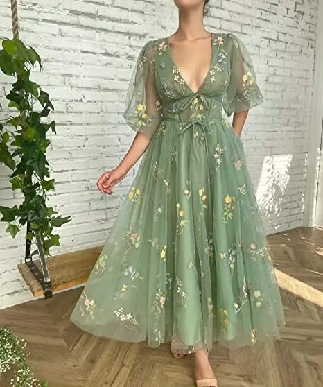 Prom Dresses Green Fairy Puffy Sleeve Lace Embroidery Tulle