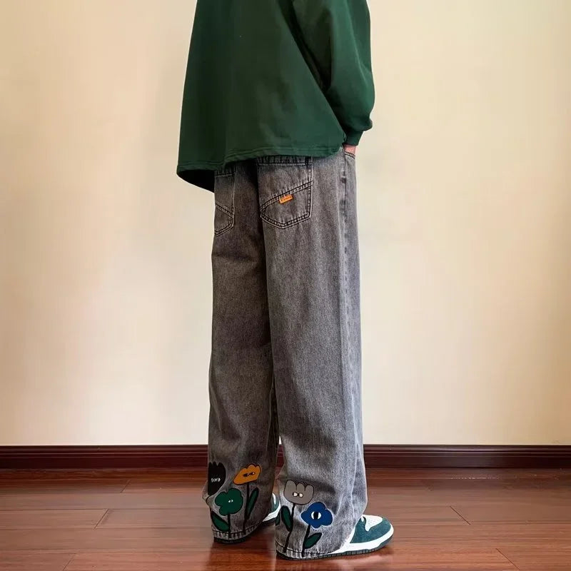 Y2K Flower Printed Baggy Jeans Streetwear American Casual Denim Wide-leg Pants Hombre Vintage Straight Trousers