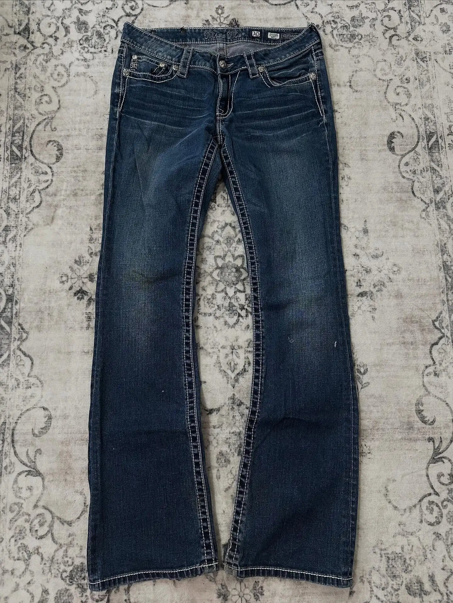 American Y2k Gothic Punk Pocket Embroidered Jeans Harajuku Retro Blue Loose Jeansable High Waist Slimming Wide Leg Pants