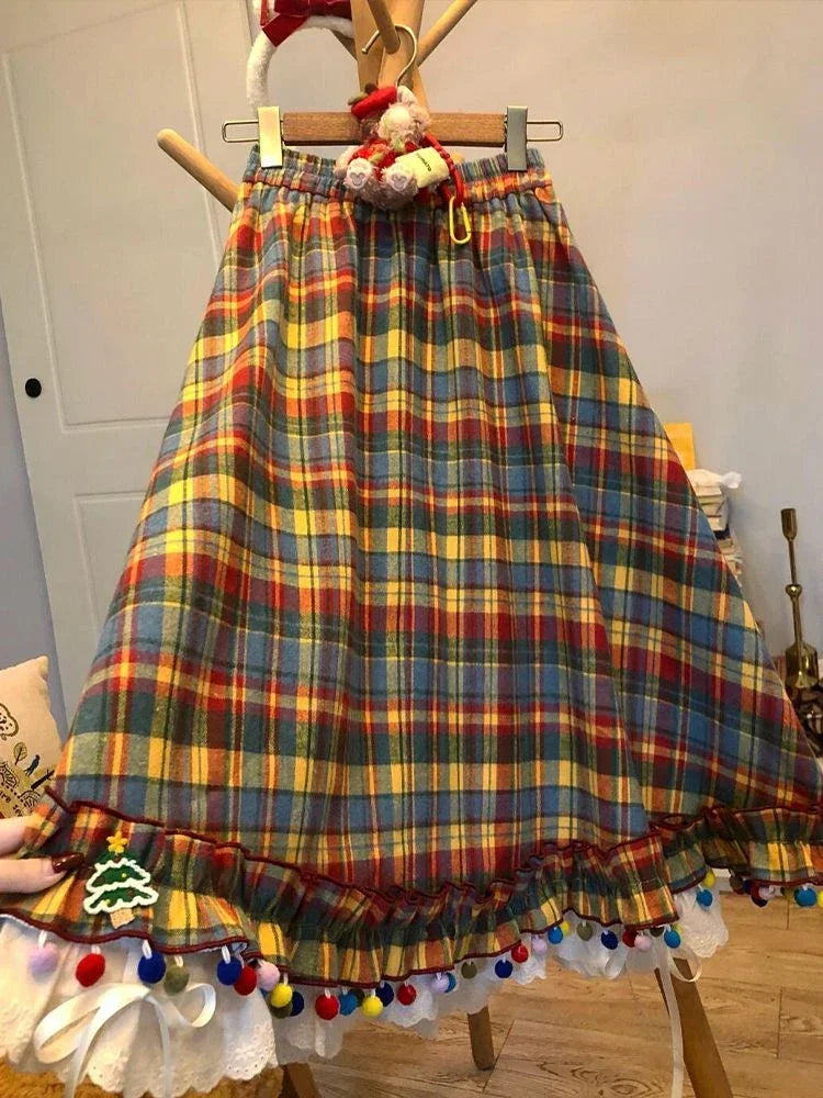 Kawaii Vintage Cute Plaid A-line Skirt Design Chic Elastic Waist Patchwork Skirt Pretty Loose Skirt Y2k