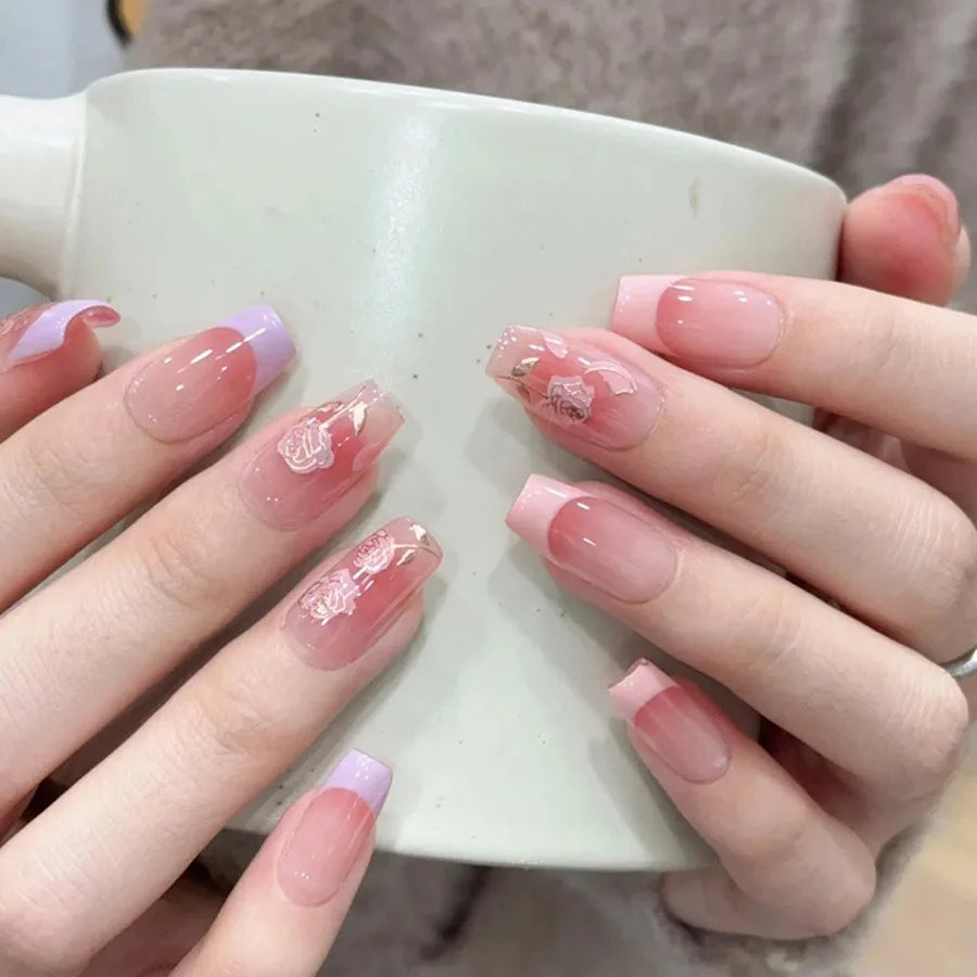 24pcs/set Medium long fake nails Swan fish flowers