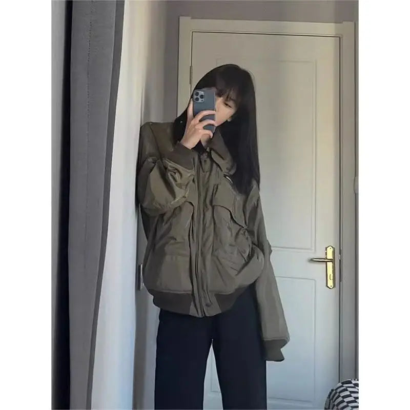 Retro American Short Coat Long Sleeve Casual Safari Style Japanese Y2k Bomber Jacket Pure Color Jacket Chic Tops