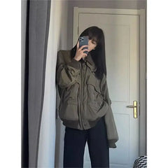 Retro American Short Coat Long Sleeve Casual Safari Style Japanese Y2k Bomber Jacket Pure Color Jacket Chic Tops