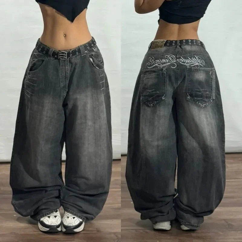 American Oversize Pattern Embroidered Baggy Jeans Y2K Gothic Harajuku Hip Hop Straight High Waist Wide Leg Pants