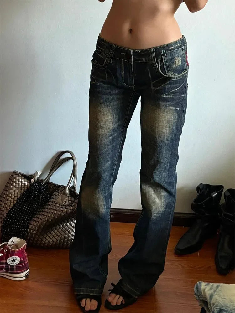 Y2k Vintage Embroidered Low Waist Jeans Blue Jeans Embroidered Diamonds Pocket Hip Hop Streetwear Harajuku Gothic Wide Pants