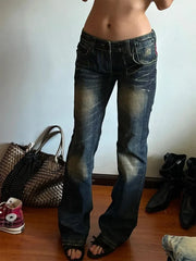 Y2k Vintage Embroidered Low Waist Jeans Blue Jeans Embroidered Diamonds Pocket Hip Hop Streetwear Harajuku Gothic Wide Pants