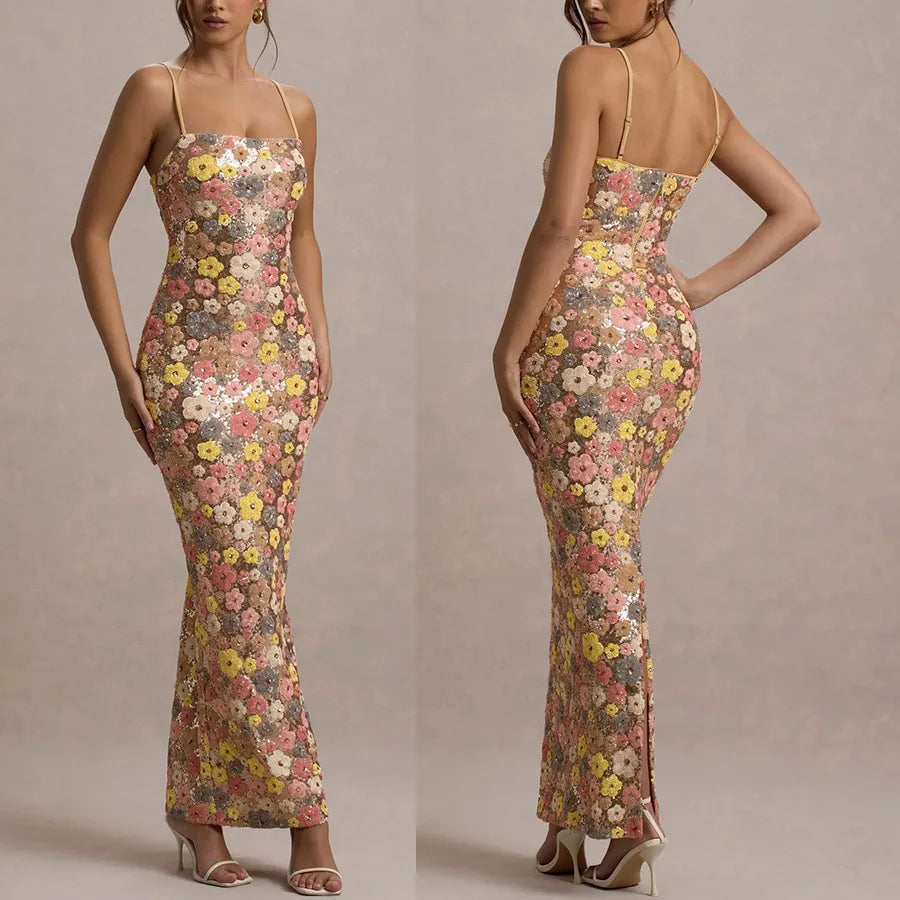 Summ Flowers Sequin Patchwork Slim Party Long Dress Strapless Maxi Dress, Sleeveless Ladies Dress Vestidos