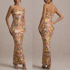 Summ Flowers Sequin Patchwork Slim Party Long Dress Strapless Maxi Dress, Sleeveless Ladies Dress Vestidos