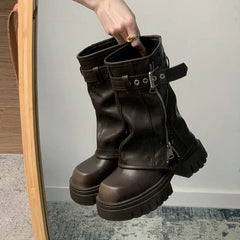 Biker Boots Belt Buckle Ladies Elegant Platform Flats Short Booties Casual Knight Booties