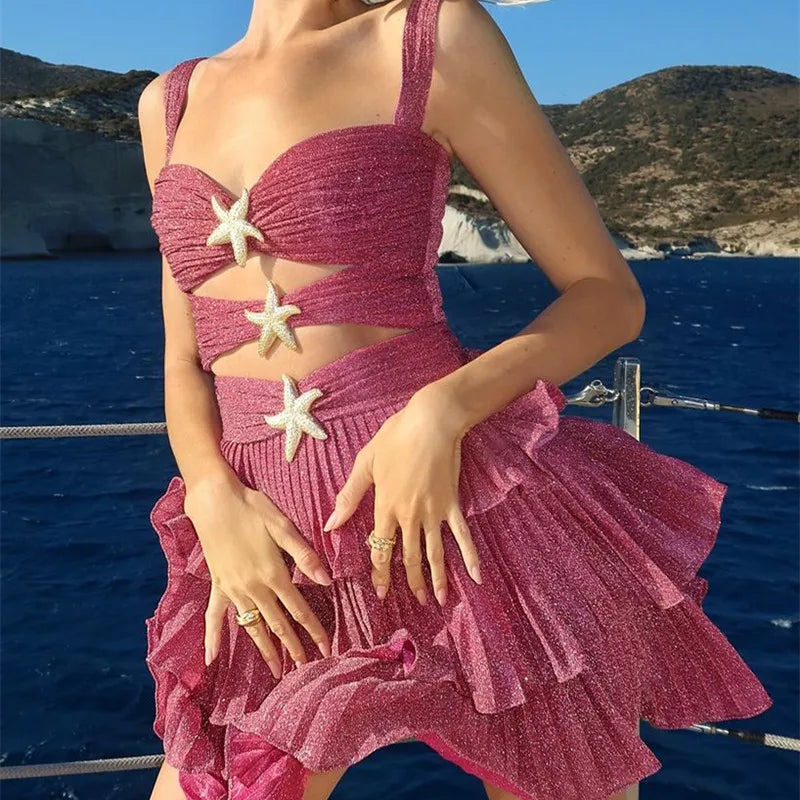 hirigin Sequin Starfish Mini Dress Spaghetti Strap Cut Out Layered Ruffle Dress Sparkly Y2k Short Cami Dress Party