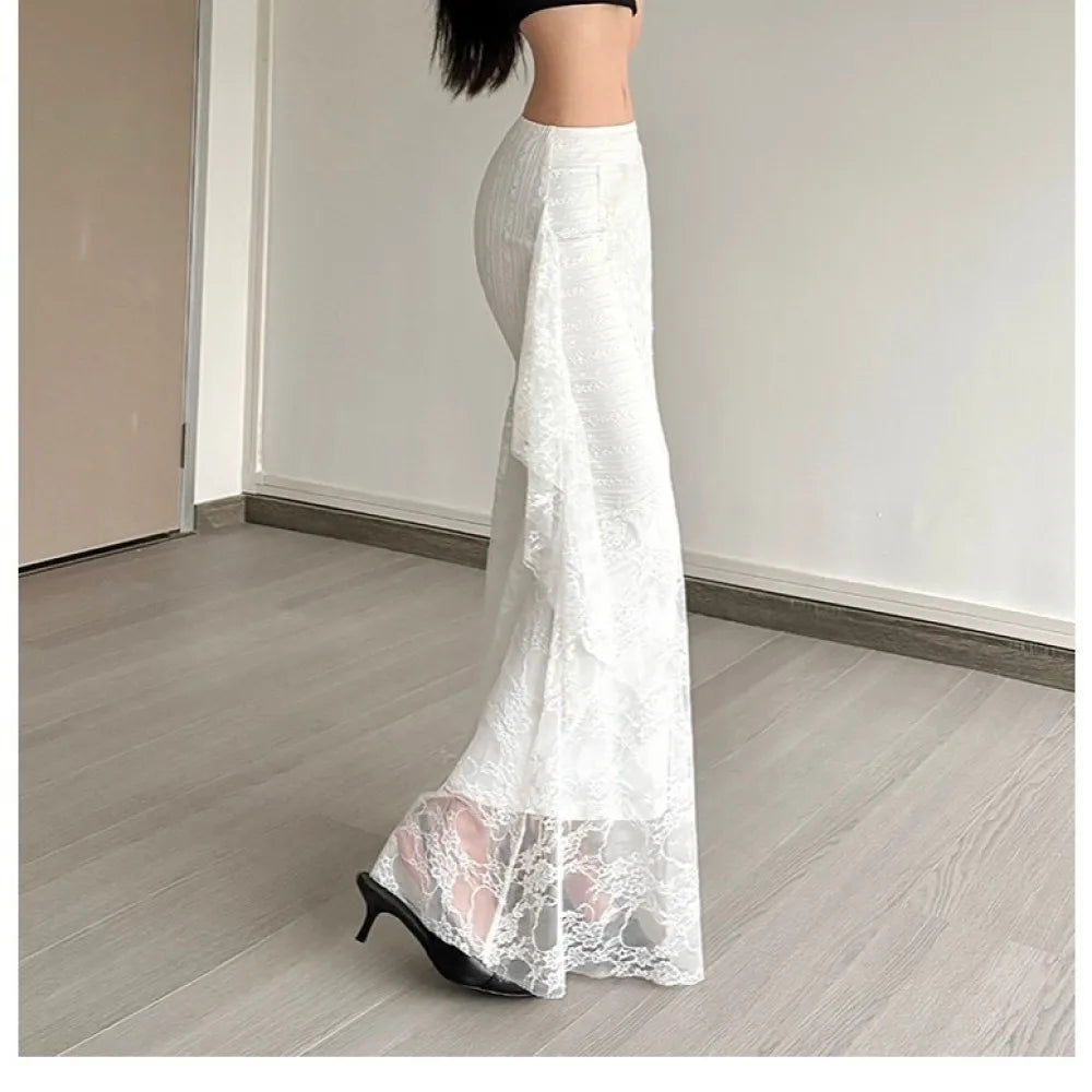SylCue Lace Patchwork Skirts High Waist Hip-Covering Irregular Casual Creamy Sweet Style Ruched Elegant Outfits