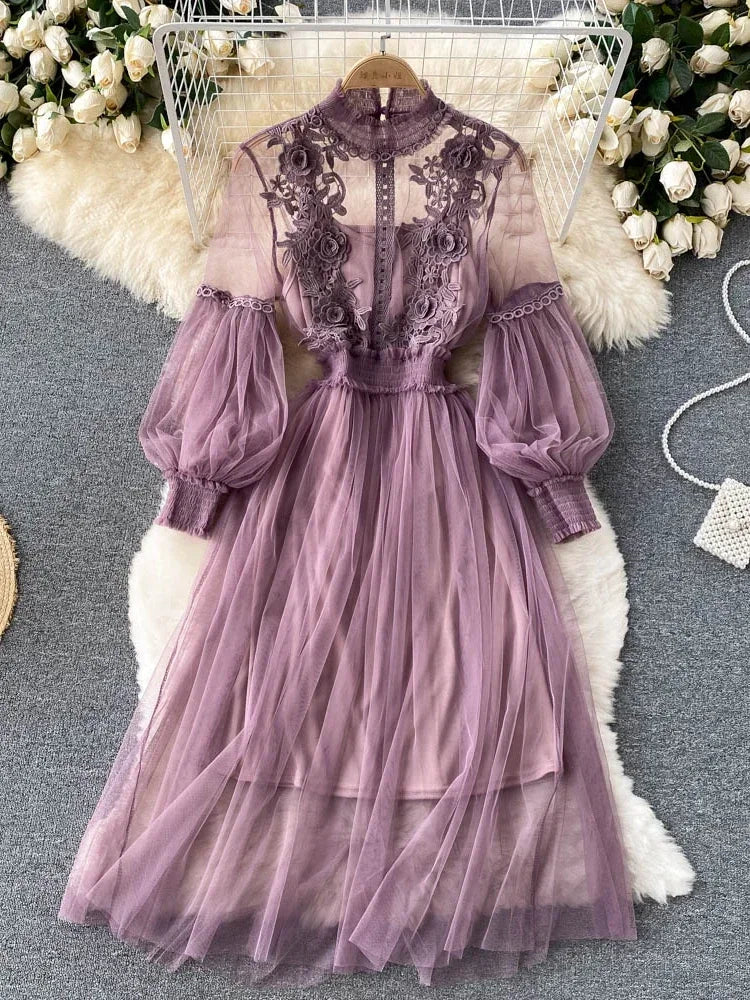 Ladies Dress Three-dimensional Flower Hook Mesh Temperament Stand Collar Lantern Sleeve High Waist Slim Dresses