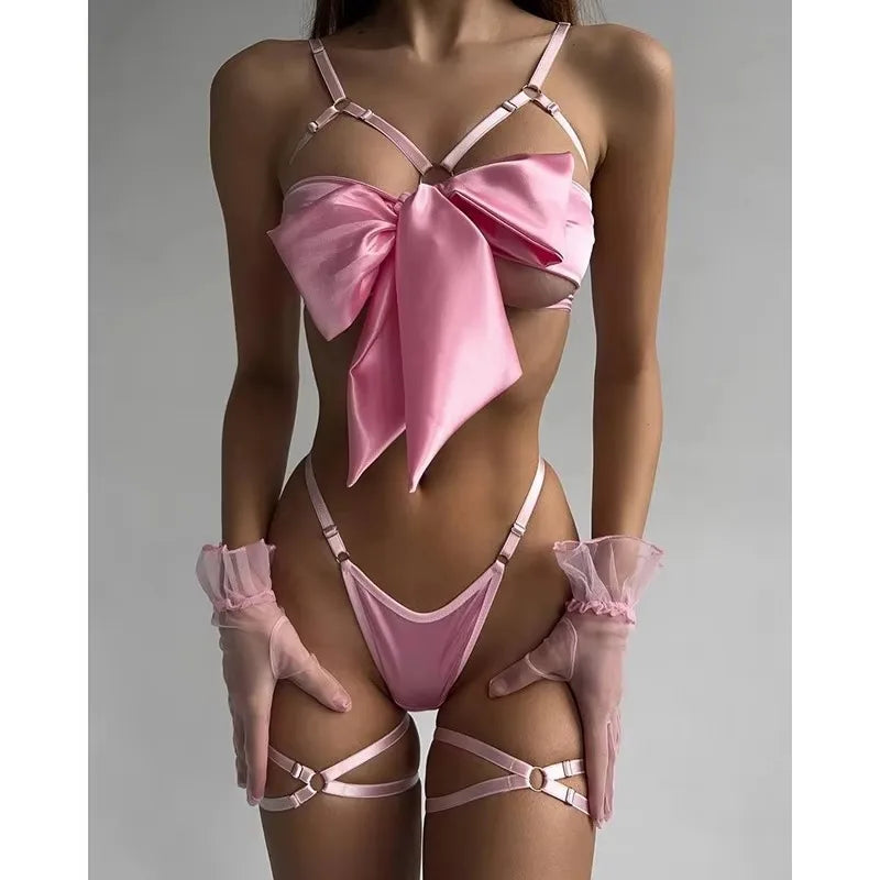 Sensual Fetish Bowknot Lingerie Open Bra Lace Up Sexy Underwear