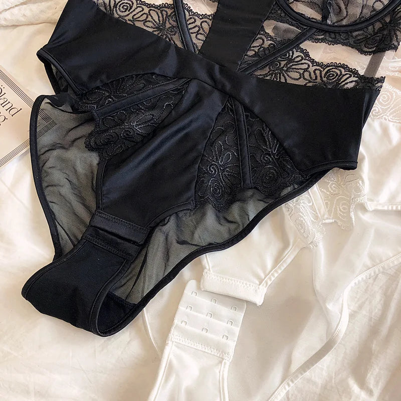 Sexy Embroidered Body Sculpting Bodysuit Lace Perspective Ultra-thin No Steel Rings Gathering Bra One-Piece Underwear