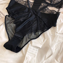 Sexy Embroidered Body Sculpting Bodysuit Lace Perspective Ultra-thin No Steel Rings Gathering Bra One-Piece Underwear